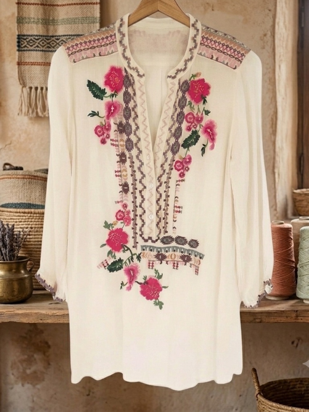 Johnny Was Cream Tunic with Pink Floral Embroidery L